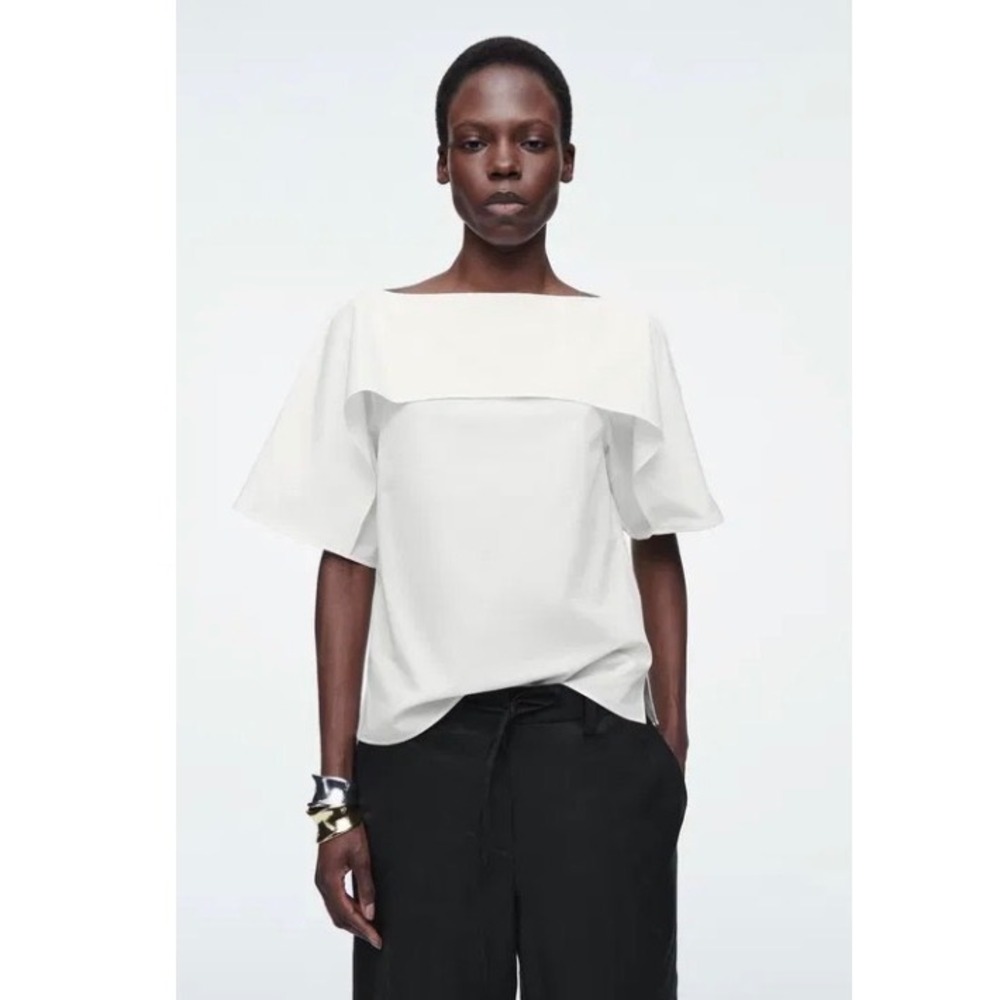 COS Draped 100 % Cotton Boatneck Top WHITE Size 14